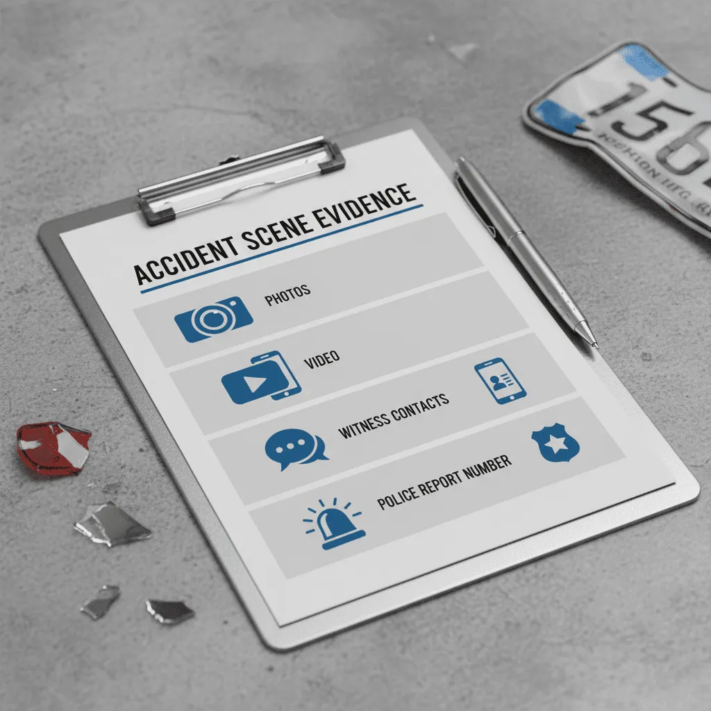 A visual checklist graphic titled 'Accident Scene Evidence' showing icons for photos, video, witness contacts, and police report number
