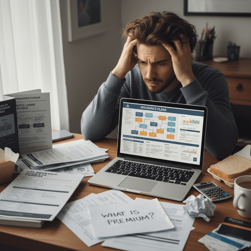 A stressed young adult looking at a laptop screen with insurance papers scattered on a desk, illustrating the confusion of first-time buyers