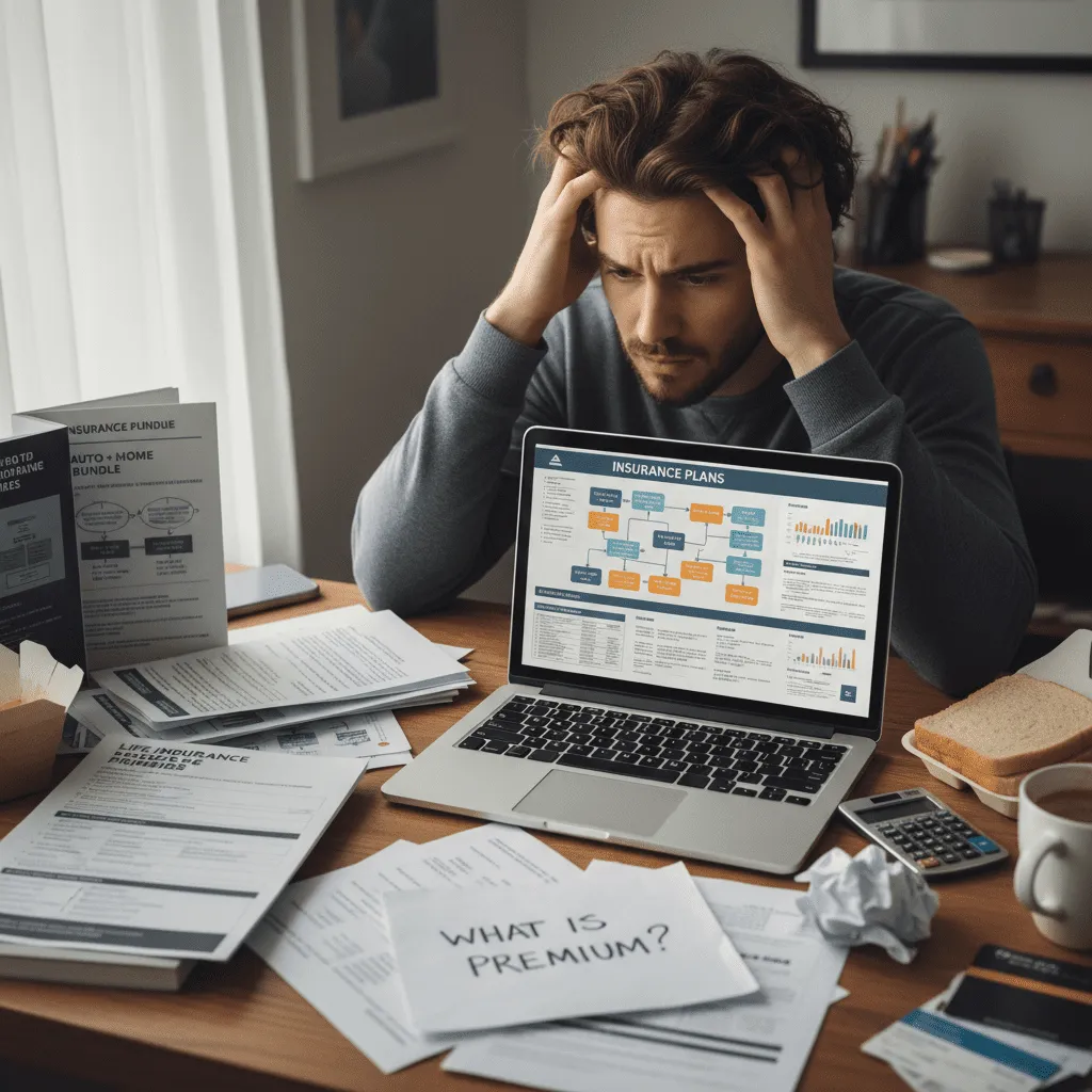 A stressed young adult looking at a laptop screen with insurance papers scattered on a desk, illustrating the confusion of first-time buyers
