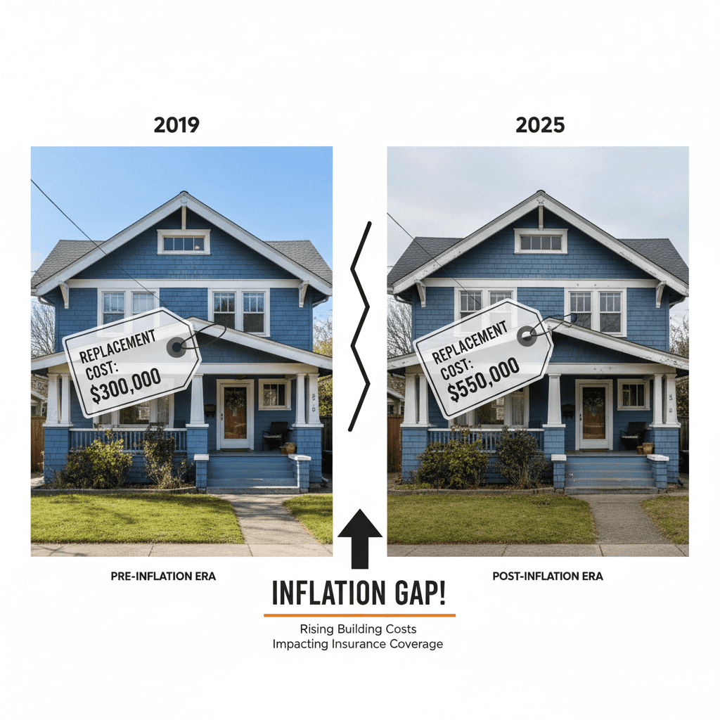 A split-screen graphic showing a house in 2019 with a price tag vs. the same house in 2025 with a significantly higher replacement cost, illustrating the 