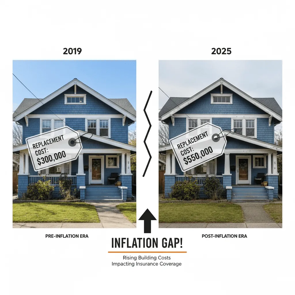 A split-screen graphic showing a house in 2019 with a price tag vs. the same house in 2025 with a significantly higher replacement cost, illustrating the 'Inflation Gap'