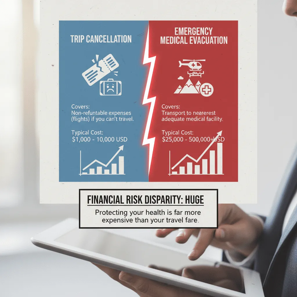 An infographic illustrating the difference between 'Trip Cancellation' coverage and 'Emergency Medical Evacuation' coverage, highlighting the financial risk disparity.