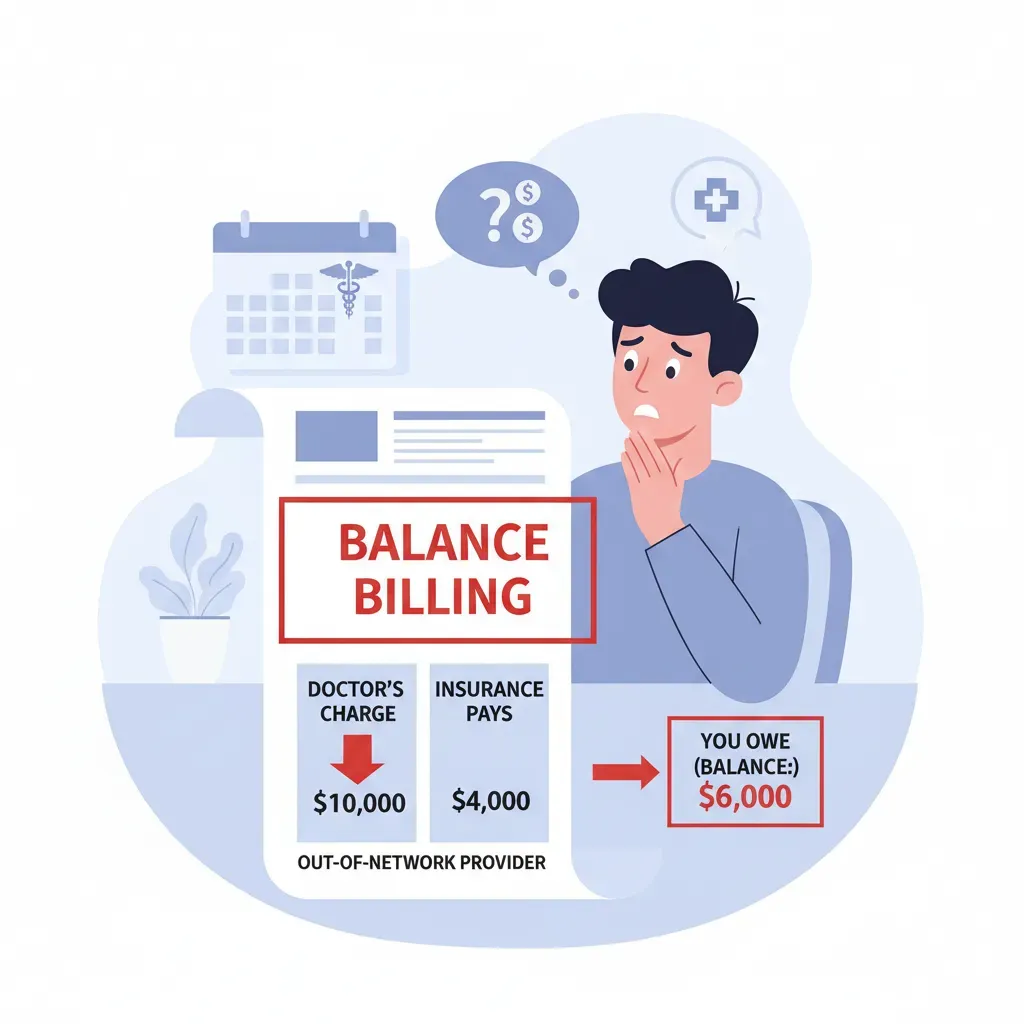 Illustration of a patient looking at a medical bill. The bill highlights 'Balance Billing' showing the difference between what the doctor charges and what insurance pays. Alt text: Diagram explaining balance billing risks with out-of-network providers.