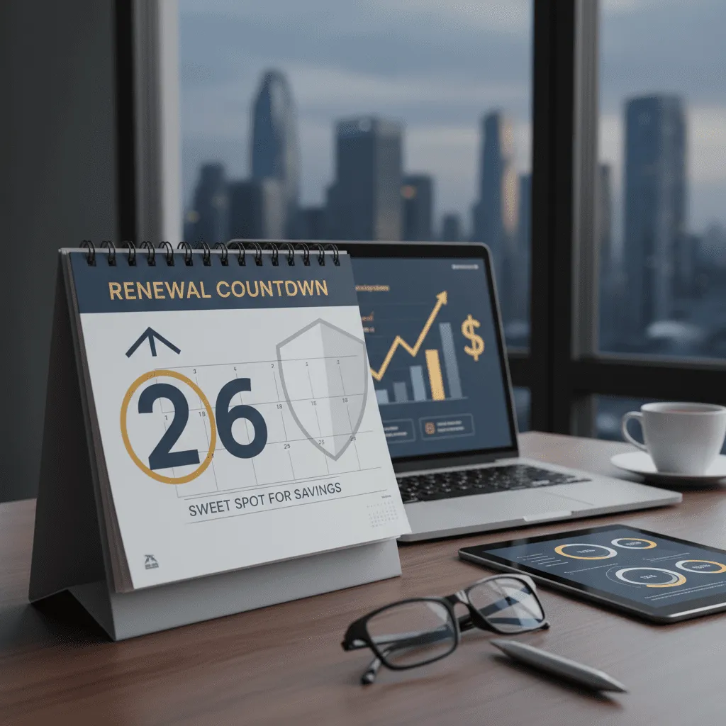 A calendar highlighting the 26th day before renewal, visually representing the 'sweet spot' for purchasing insurance
