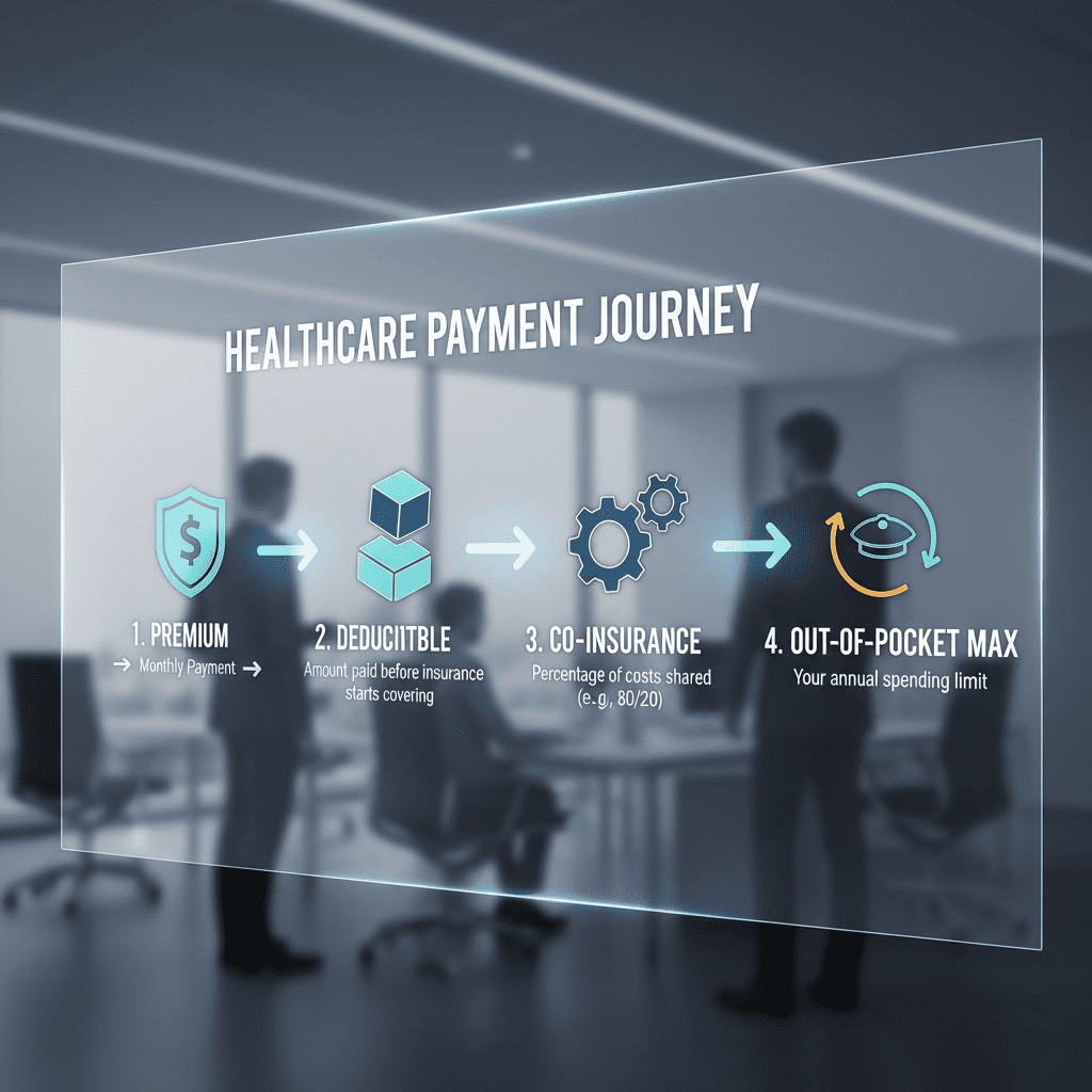 What Each Type of Insurance Actually Protects? An infographic breaking down the flow of healthcare payments: Premium -> Deductible -> Co-insurance -> Out-of-Pocket Max.