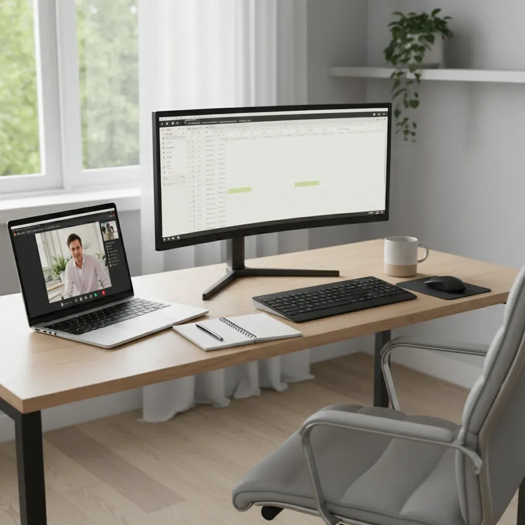 A clear, well-lit photo of a modern home office setup with a laptop, second monitor, and a notepad, symbolizing a typical remote work environment. Alt text: A tidy home office desk setup requiring business insurance coverage.