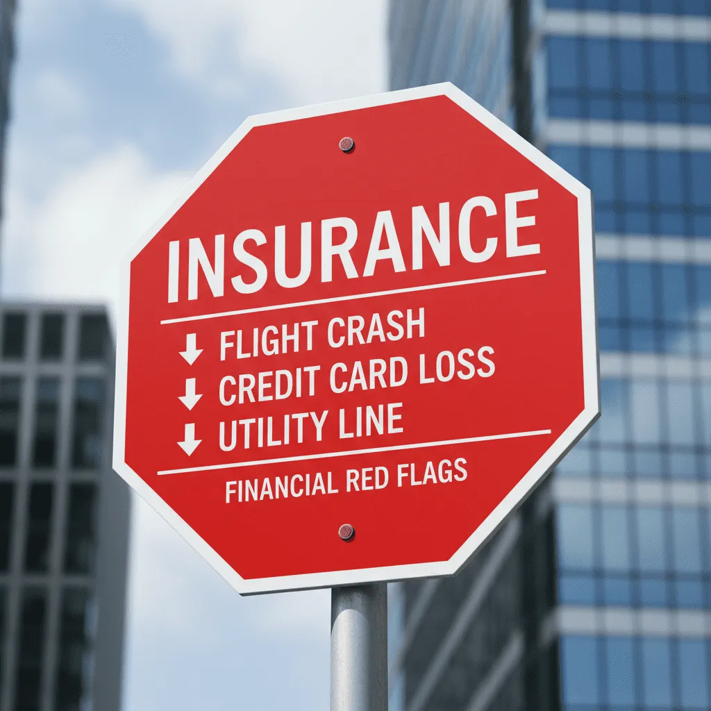 A stop-sign graphic listing 'Flight Crash', 'Credit Card Loss', and 'Utility Line' insurance as financial red flags.