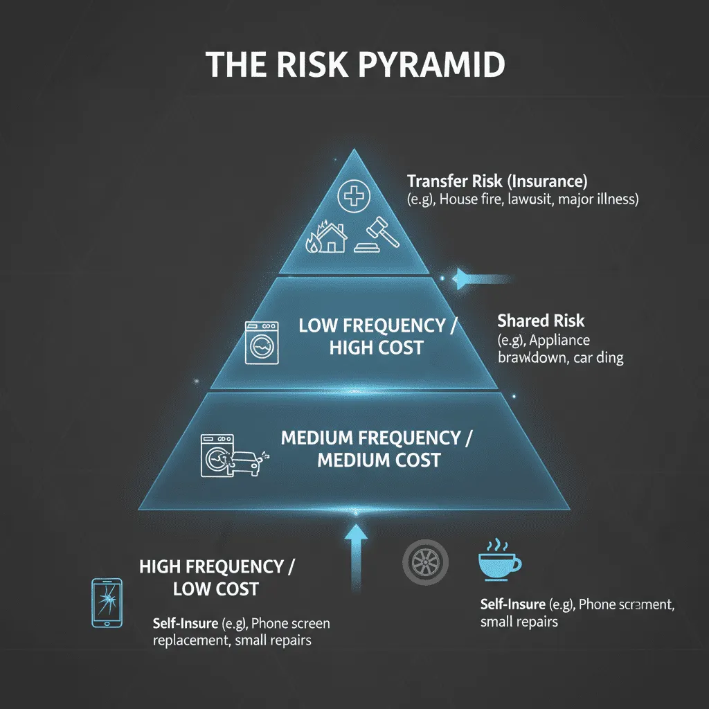 An infographic titled "The Risk Pyramid". The base shows "High Frequency/Low Cost" risks like replacing a phone screen, which you self-insure. The top shows "Low Frequency/High Cost" risks like a house fire or lawsuit, which you transfer via insurance.