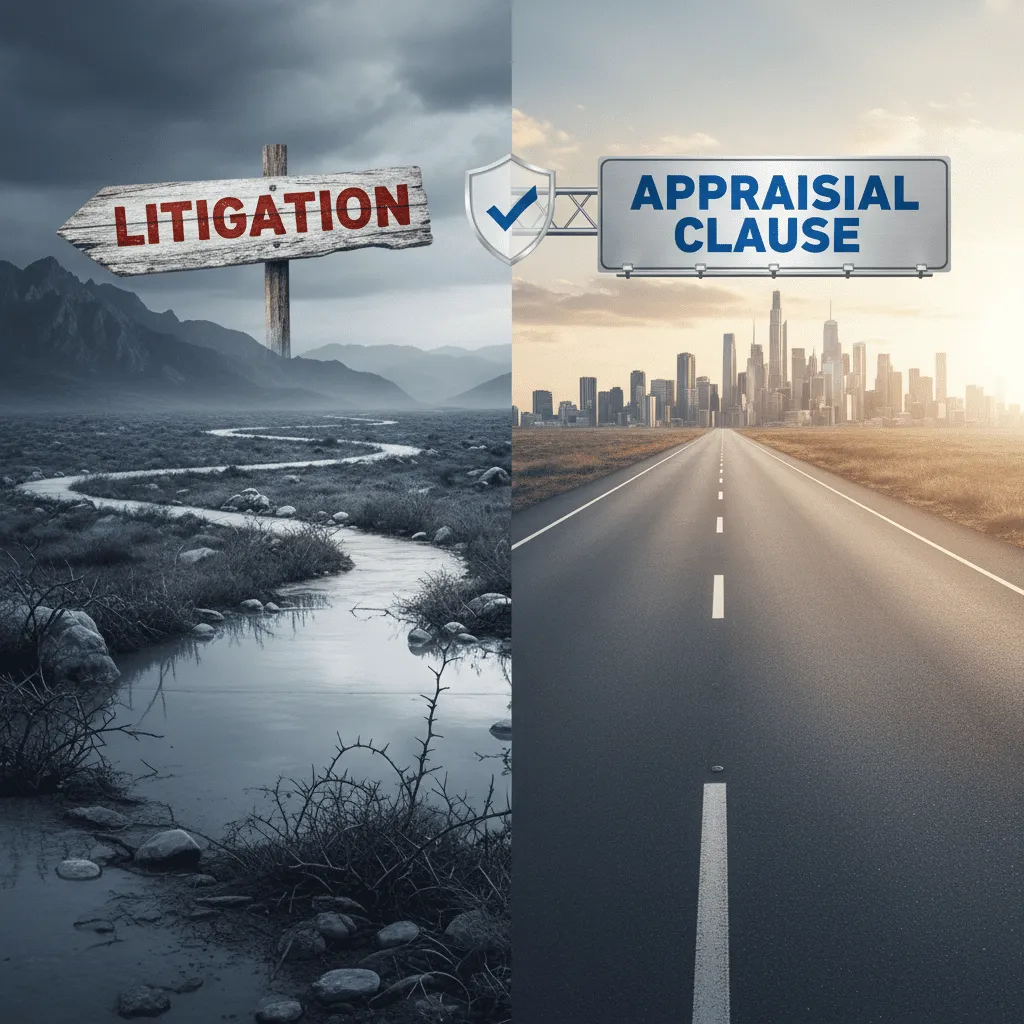 A conceptual illustration of two paths: one labeled 'Litigation' (long, winding road) and one labeled 'Appraisal Clause' (straight, fast highway).