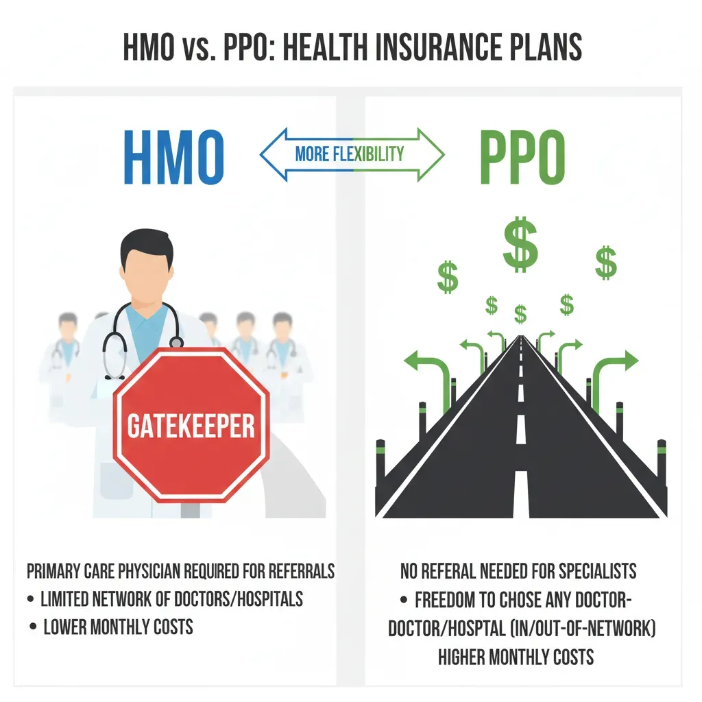 A side-by-side infographic comparing HMO and PPO. Left side shows a 'Gatekeeper' doctor with a stop sign (HMO). Right side shows an open road with dollar signs (PPO). Alt text: Visual comparison of HMO gatekeeper model versus PPO open access model.
