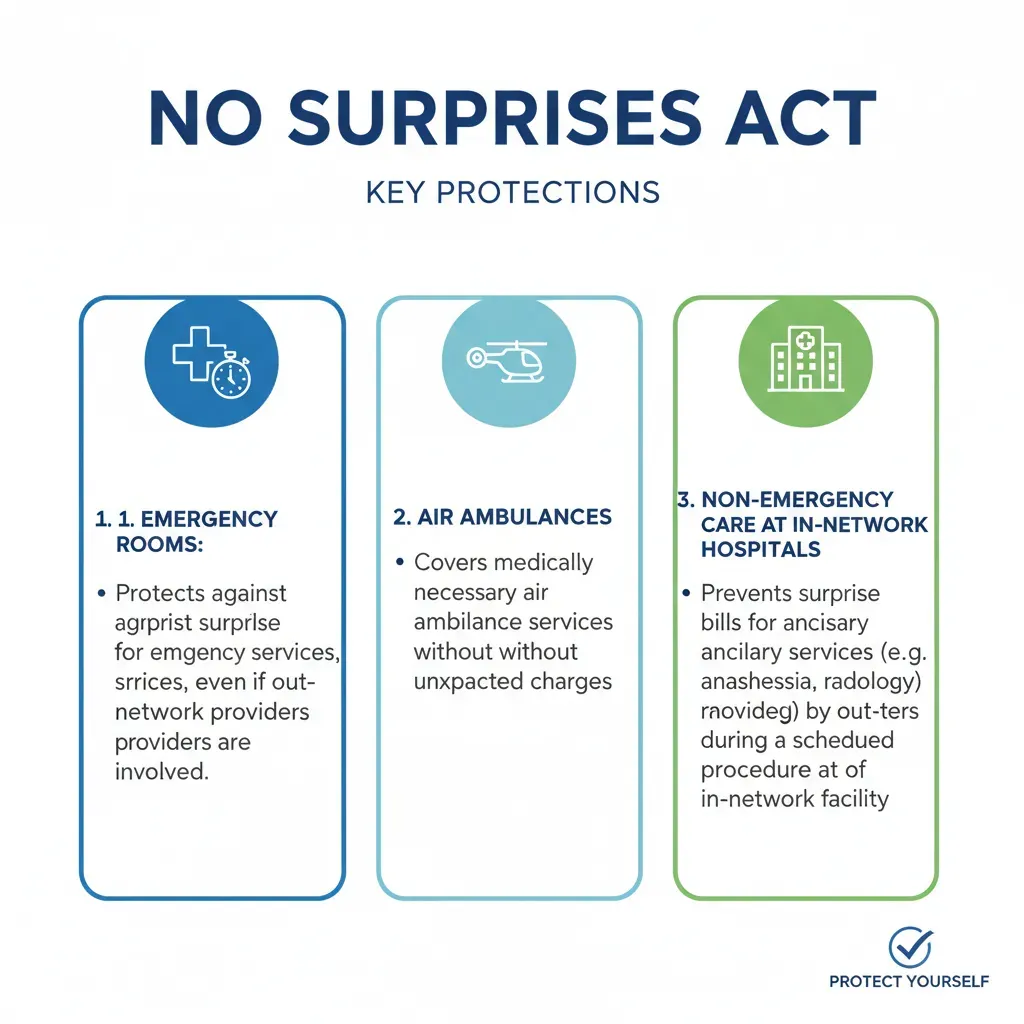 A clean, simple infographic listing the three main protections of the No Surprises Act: 1. Emergency Rooms, 2. Air Ambulances, 3. Non-Emergency Care at In-Network Hospitals.