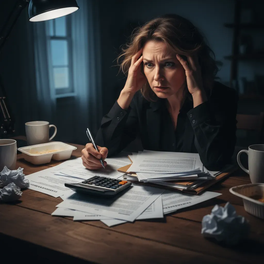 A close-up photo of a stressed business owner looking at a pile of legal paperwork and a calculator on a wooden desk. Lighting is moody and serious.