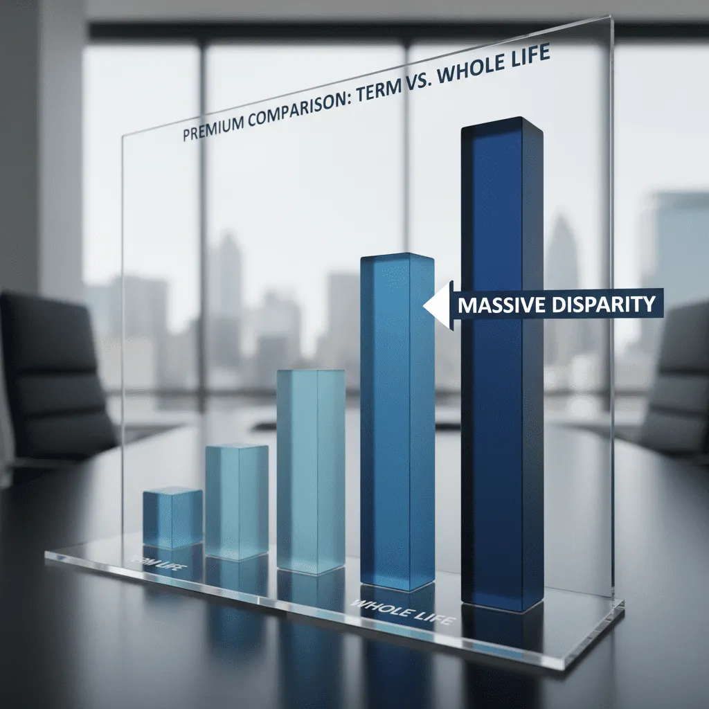 Bar chart comparing the height of Term Life premiums vs Whole Life premiums for ages 30, 40, and 50, highlighting the massive disparity.
