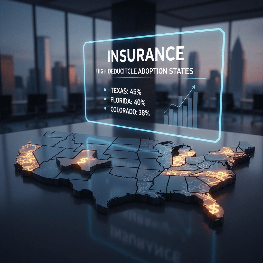 Raise Your Deductible or Keep It Low? Understanding the Cost Trade-offs Map of the US highlighting states with high percentage deductible adoption like Texas, Florida, and Colorado
