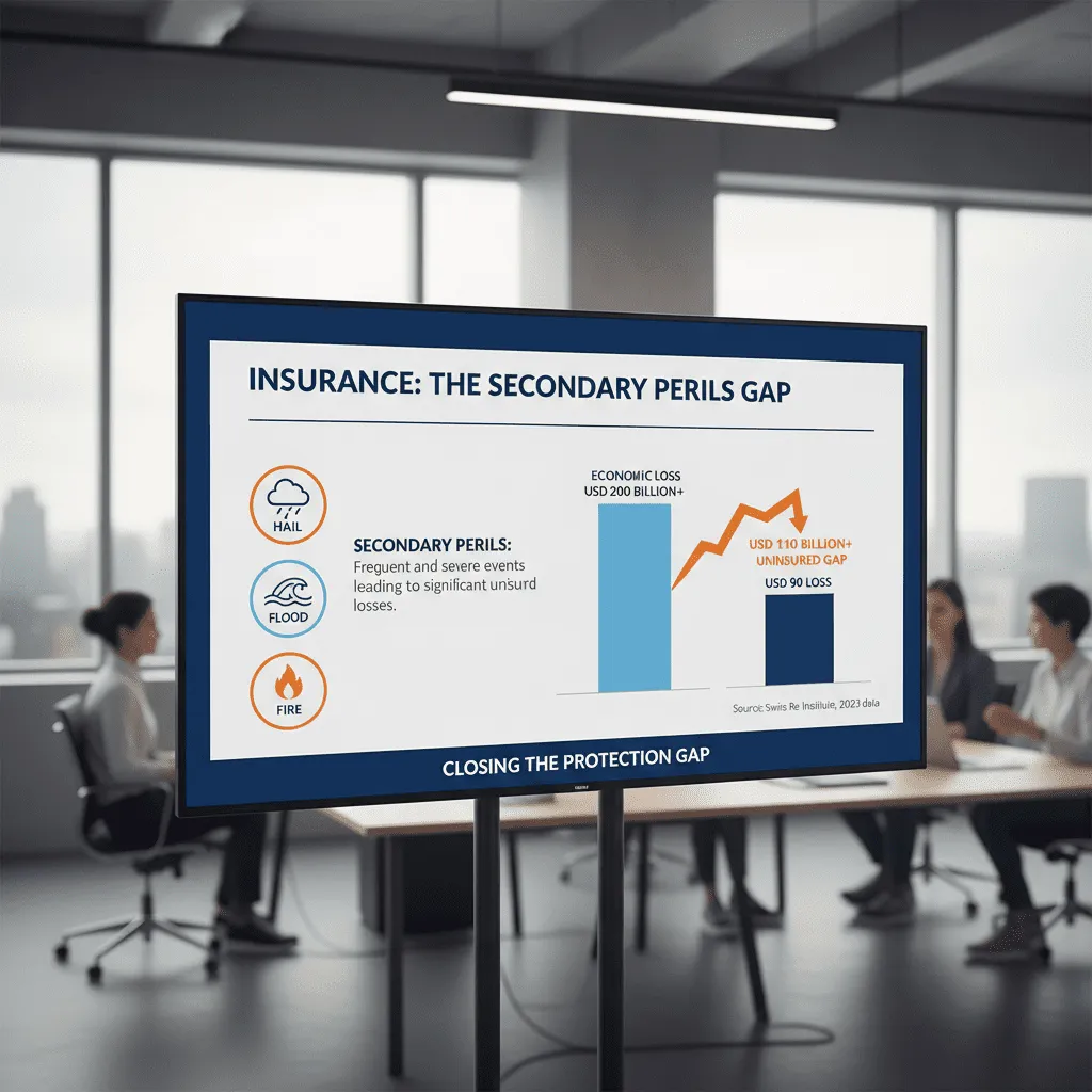 An infographic showing the "Secondary Perils" (hail, flood, fire) and the gap between economic loss and insured loss based on Swiss Re data.