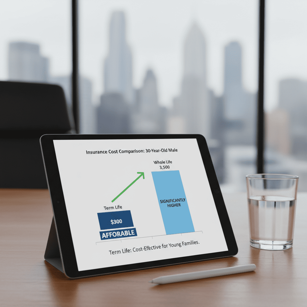 A bar chart comparing the cost of Term Life vs. Whole Life insurance for a 30-year-old male. The Term Life bar is very low (affordable), while the Whole Life bar is significantly higher, illustrating the cost-effectiveness of Term for young families.