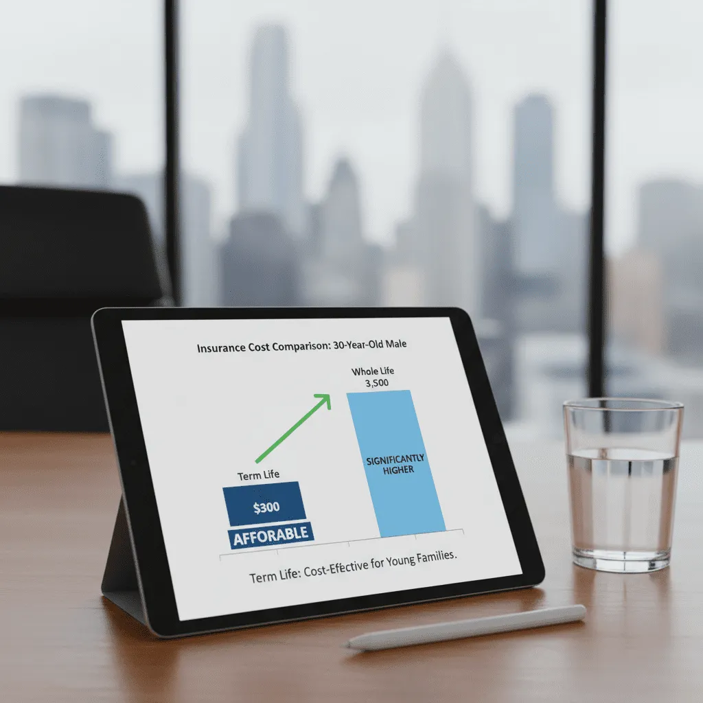 A bar chart comparing the cost of Term Life vs. Whole Life insurance for a 30-year-old male. The Term Life bar is very low (affordable), while the Whole Life bar is significantly higher, illustrating the cost-effectiveness of Term for young families.