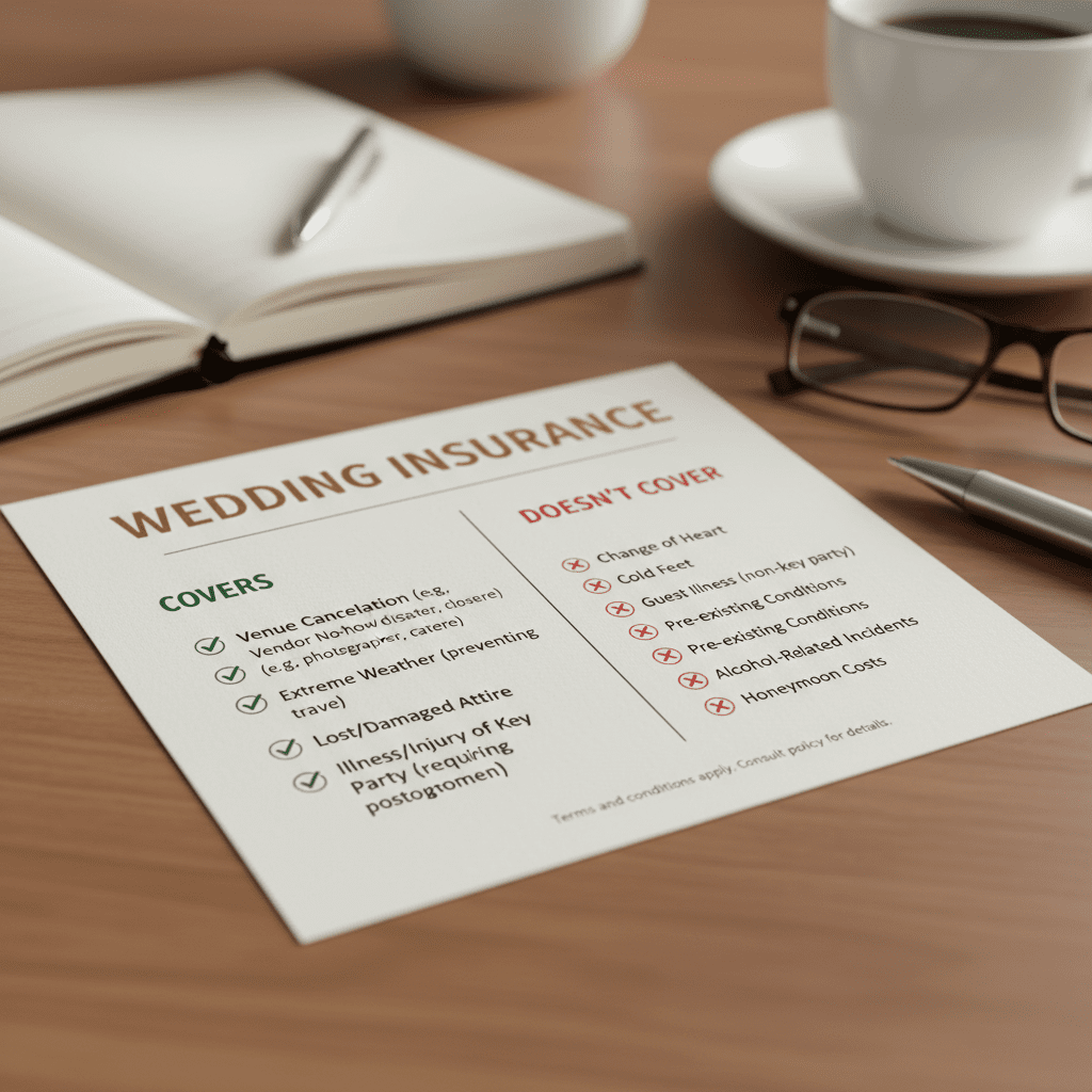 The Different Kinds of Insurance Out There A checklist graphic showing "What Wedding Insurance Covers" vs "What It Doesn