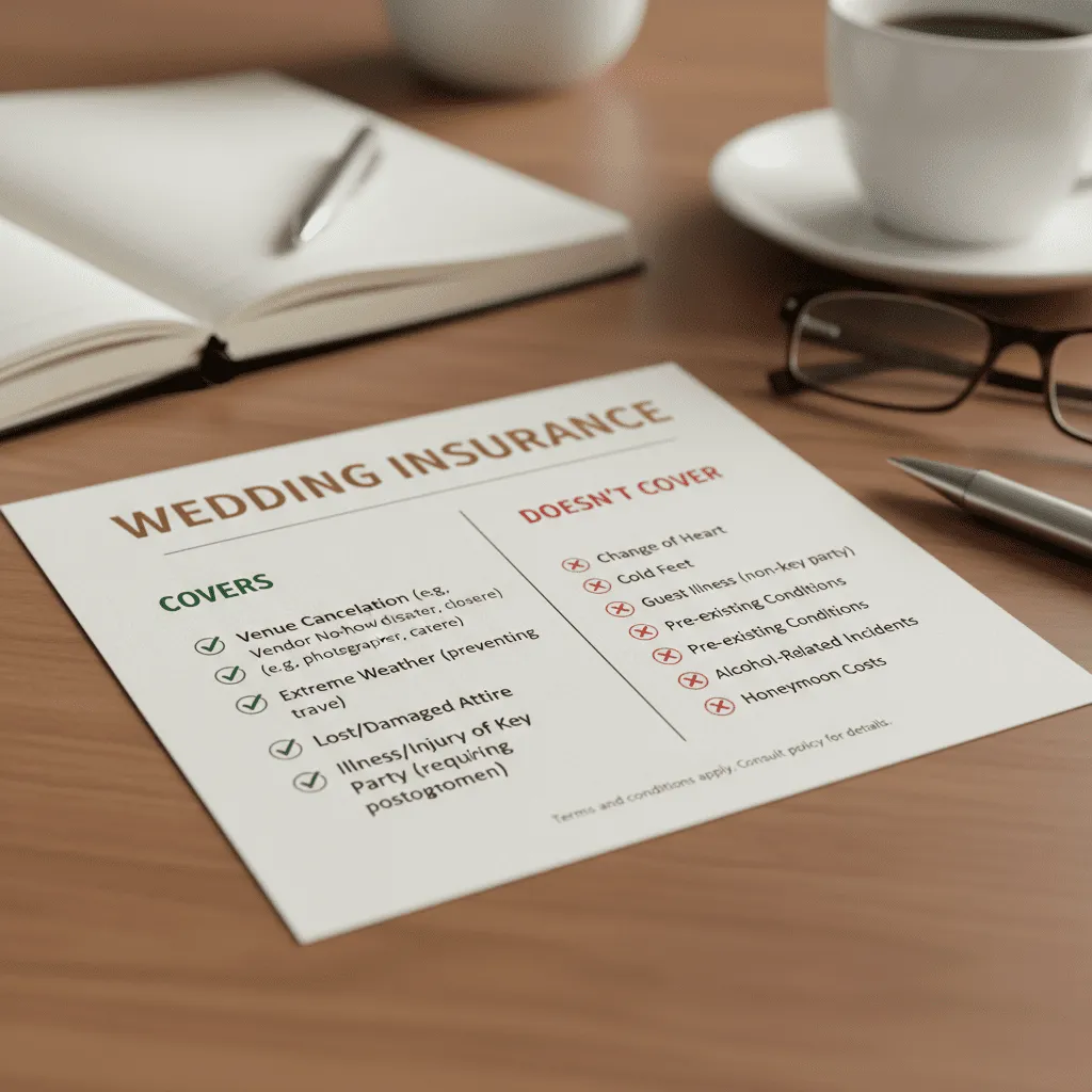 A checklist graphic showing "What Wedding Insurance Covers" vs "What It Doesn't"