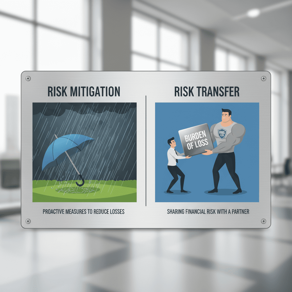 Avoid, Mitigate, Transfer: Simple Ways to Handle Life's Uncertainties An infographic comparing Risk Mitigation (an umbrella shielding rain) vs. Risk Transfer (passing a heavy weight to a strong partner representing an insurance company).