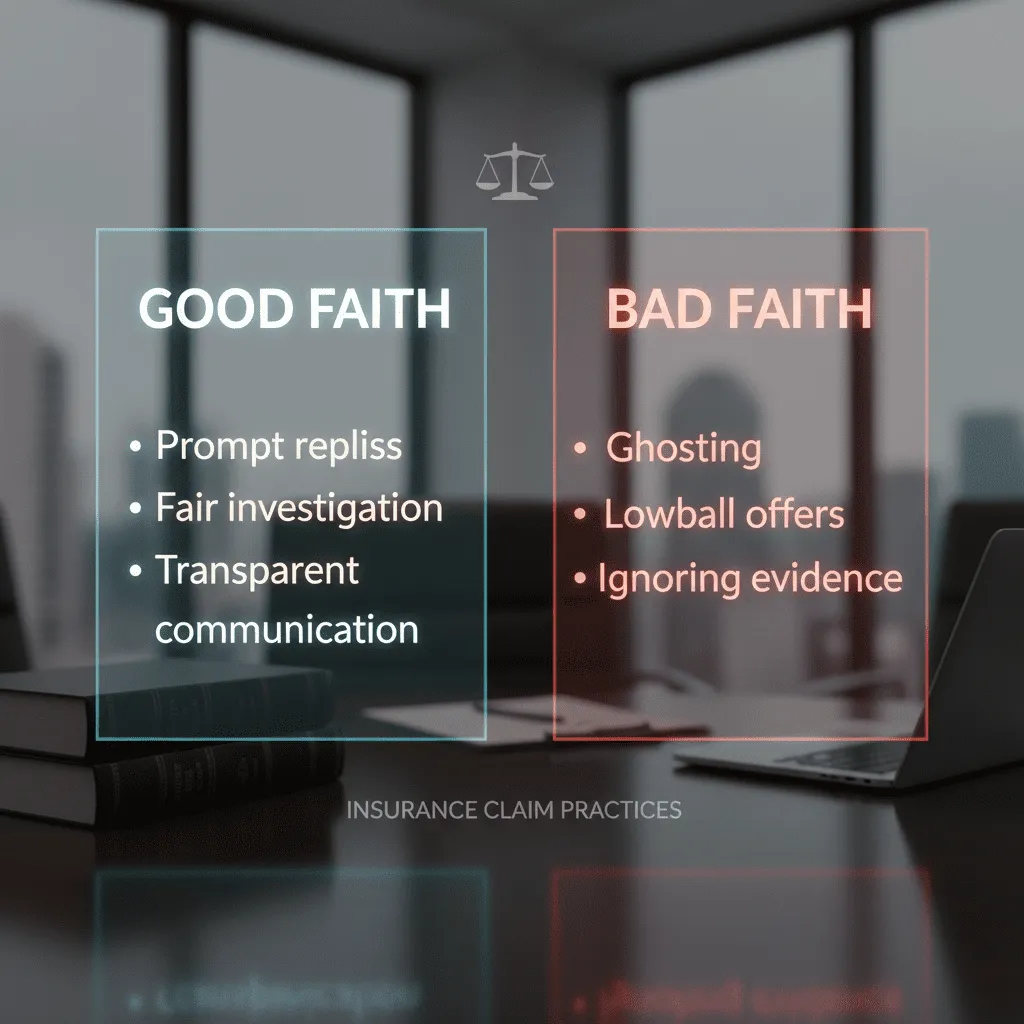 A side-by-side comparison chart. Left side: 'Good Faith' (Prompt replies, fair investigation). Right side: 'Bad Faith' (Ghosting, lowball offers, ignoring evidence).
