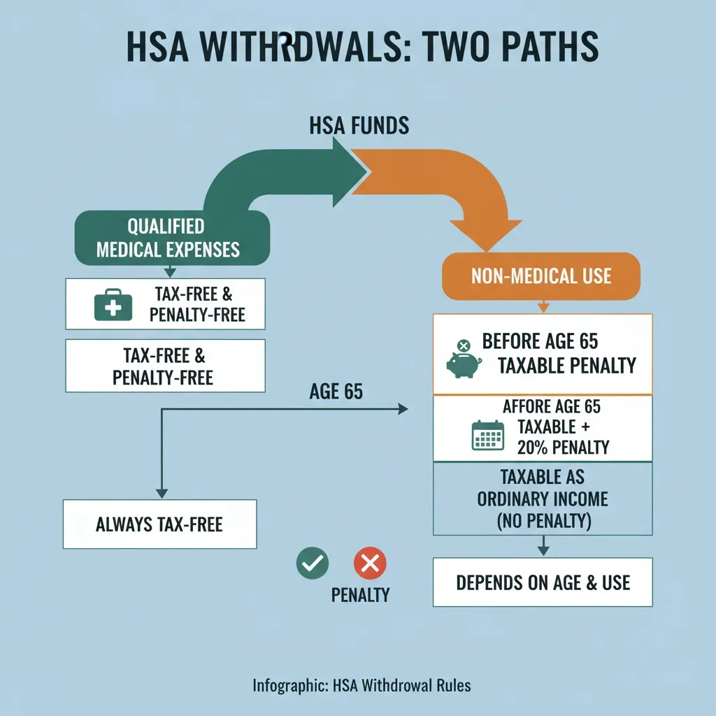 An infographic showing two paths for HSA withdrawals: one path showing tax-free medical use, the other showing taxable non-medical use after age 65. Alt text: Flowchart explaining HSA penalty rules before and after age 65.