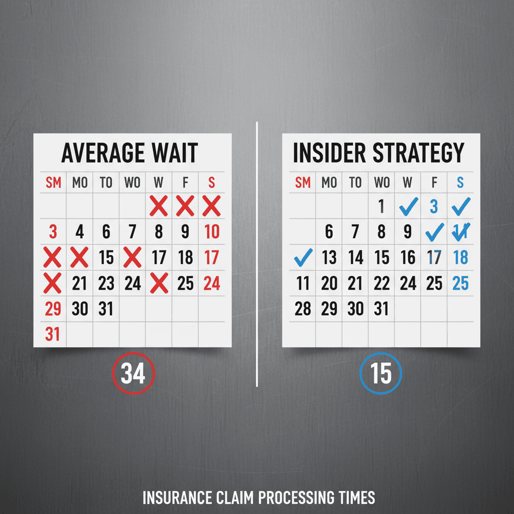 Insider Tips for a Smoother Insurance Payout A split-screen graphic showing a calendar. On the left, a calendar with 34 days marked off labeled