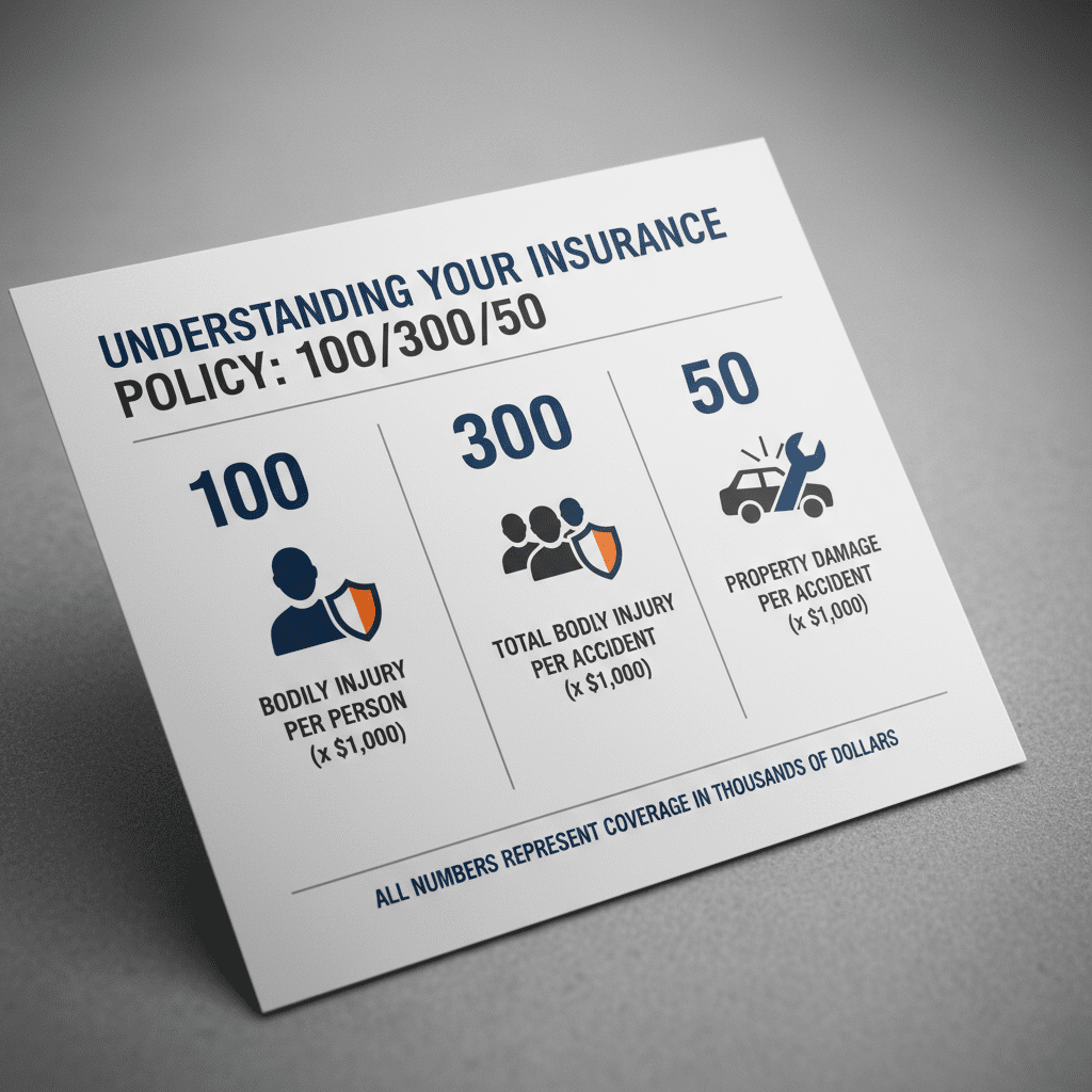 An infographic explaining the breakdown of insurance policy numbers 100/300/50 with icons representing people and cars
