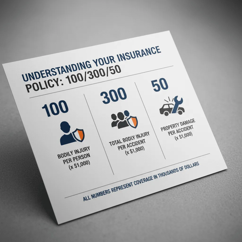 An infographic explaining the breakdown of insurance policy numbers 100/300/50 with icons representing people and cars