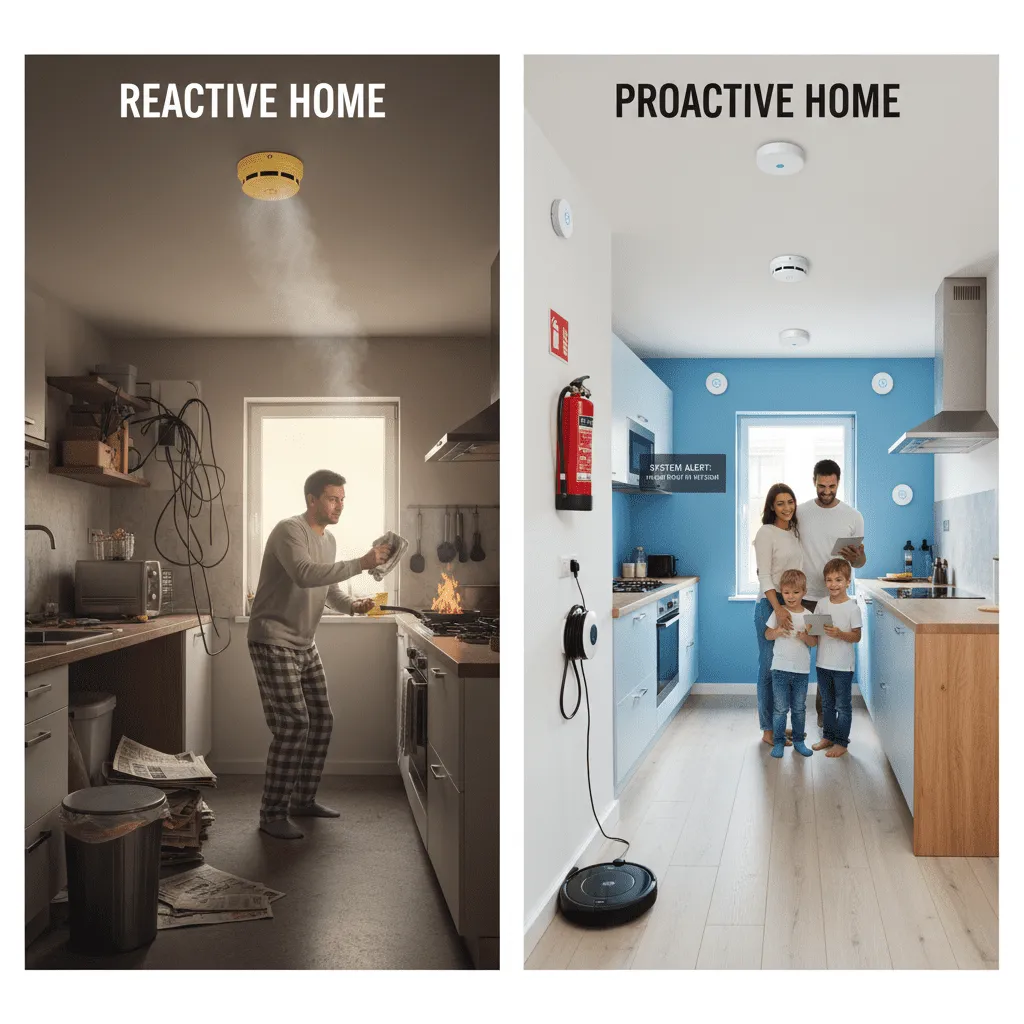 A split-screen comparison image showing a "Reactive Home" (standard smoke detector, clutter) vs. a "Proactive Home" (mounted extinguisher, smart sensors, clear walkways).