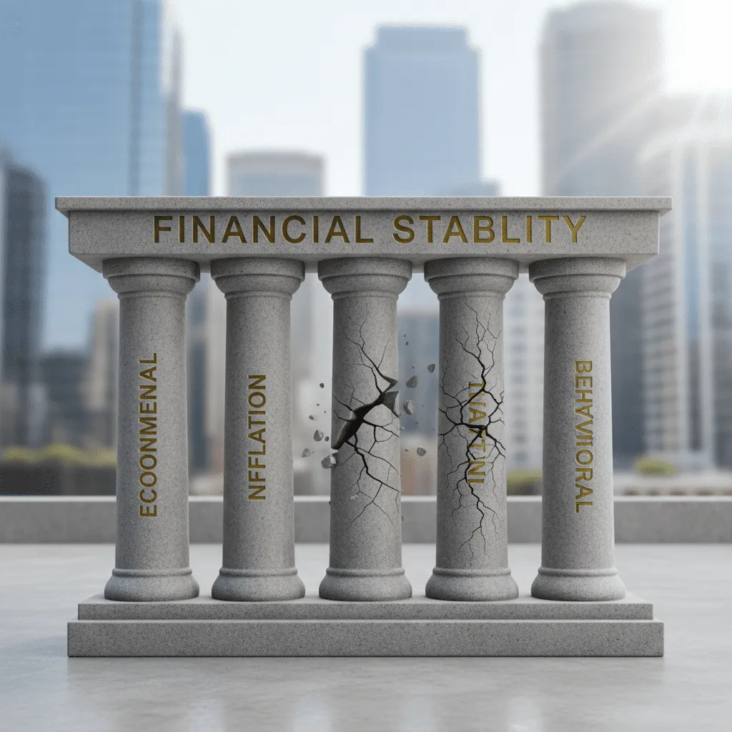 Infographic illustrating the 5 Pillars of Risk as columns supporting a roof labeled 'Financial Stability', with cracks appearing in the 'Inflation' and 'Behavioral' pillars.