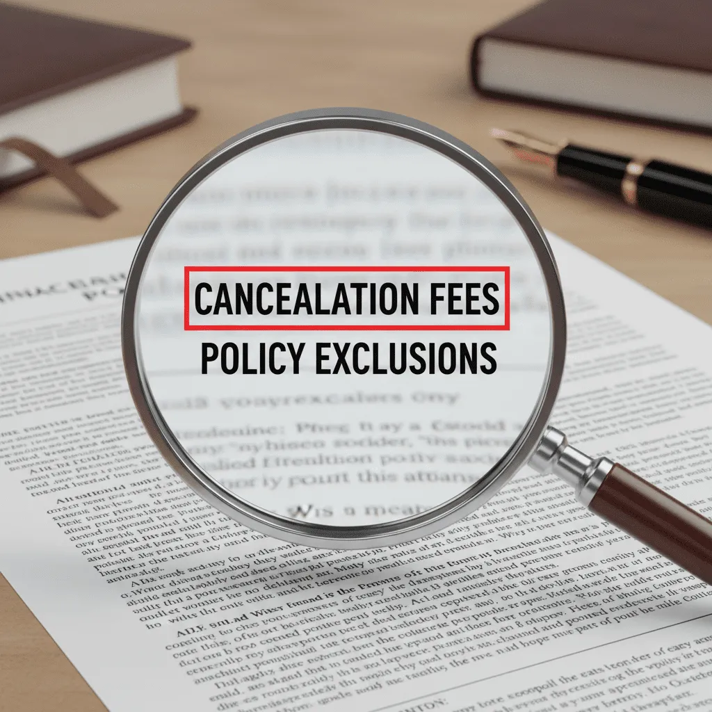 A magnifying glass hovering over a document highlighting the words 'Cancellation Fees' and 'Policy Exclusions'