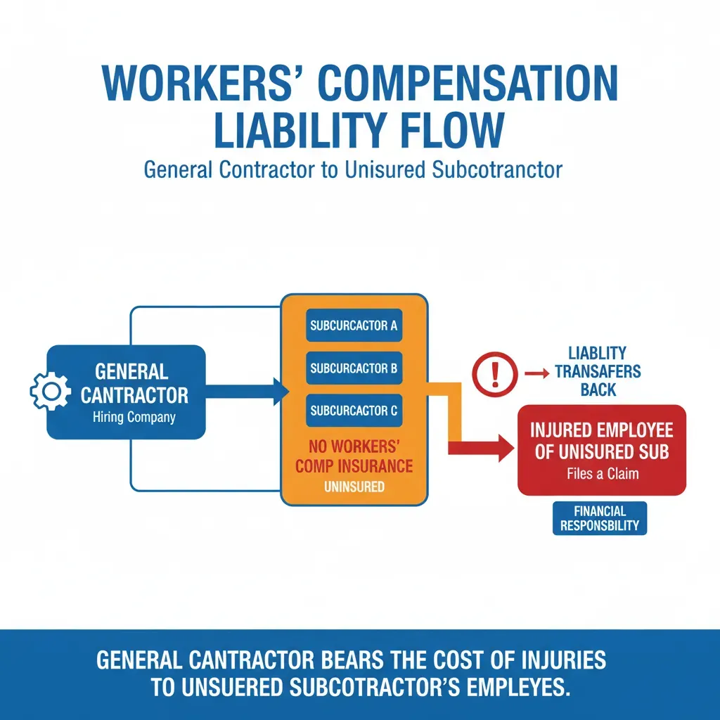 An infographic illustrating the flow of liability from general contractor to uninsured subcontractor. Alt text: Diagram showing how uninsured subcontractors transfer workers compensation liability to the hiring company.