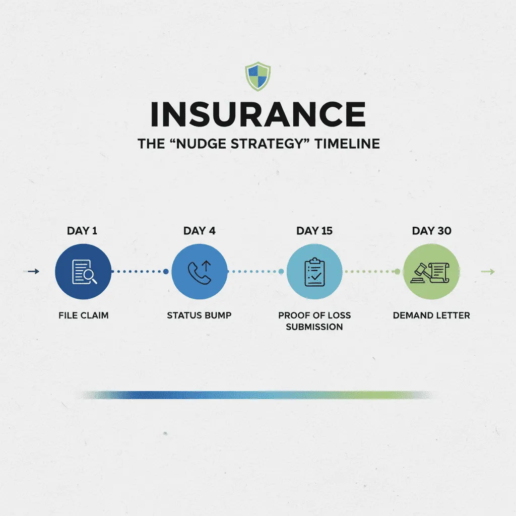 An infographic illustrating the 'Nudge Strategy' timeline: Day 1 (File Claim), Day 4 (Status Bump), Day 15 (Proof of Loss Submission), Day 30 (Demand Letter).