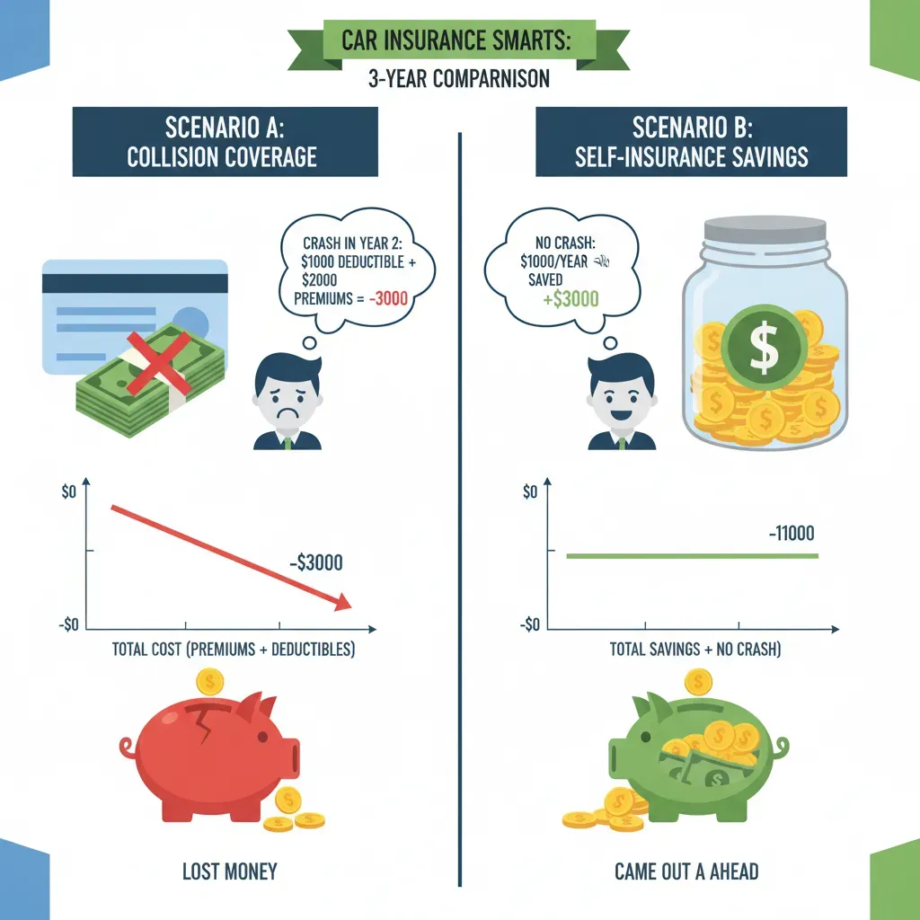 An infographic comparing two scenarios: one driver keeping collision coverage and losing money over 3 years, versus another driver saving premiums in a jar and coming out ahead.