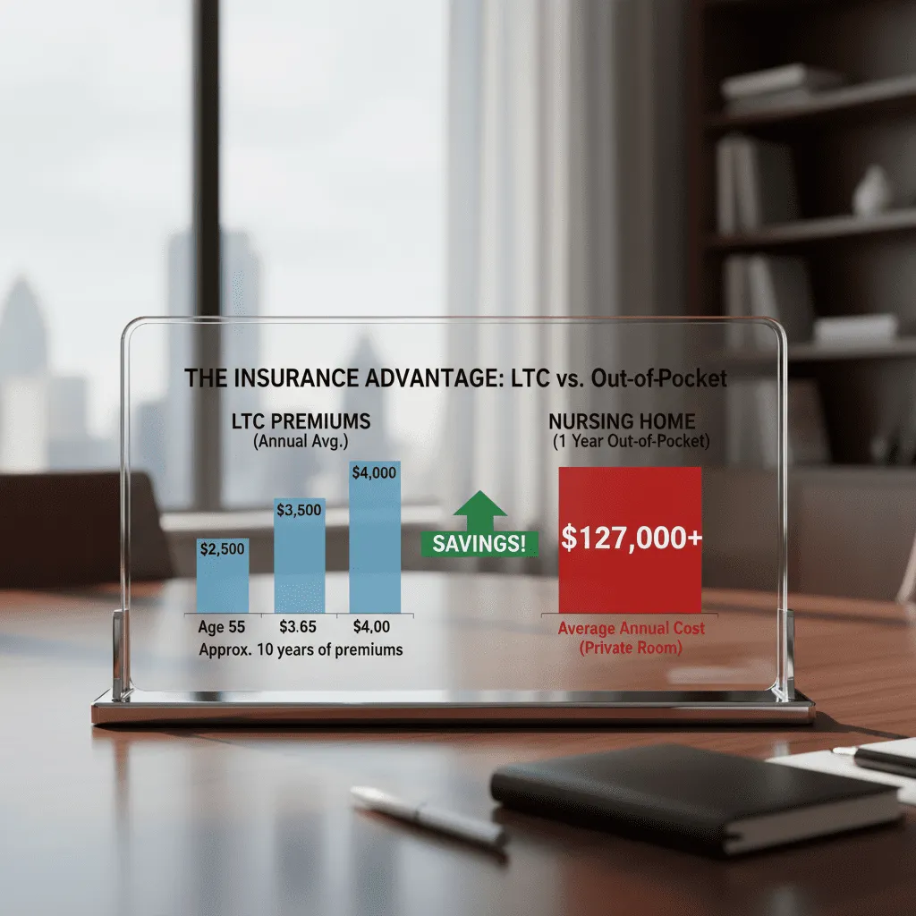 Chart comparing the cost of LTC premiums vs. the out-of-pocket cost of one year in a nursing home ($127k)